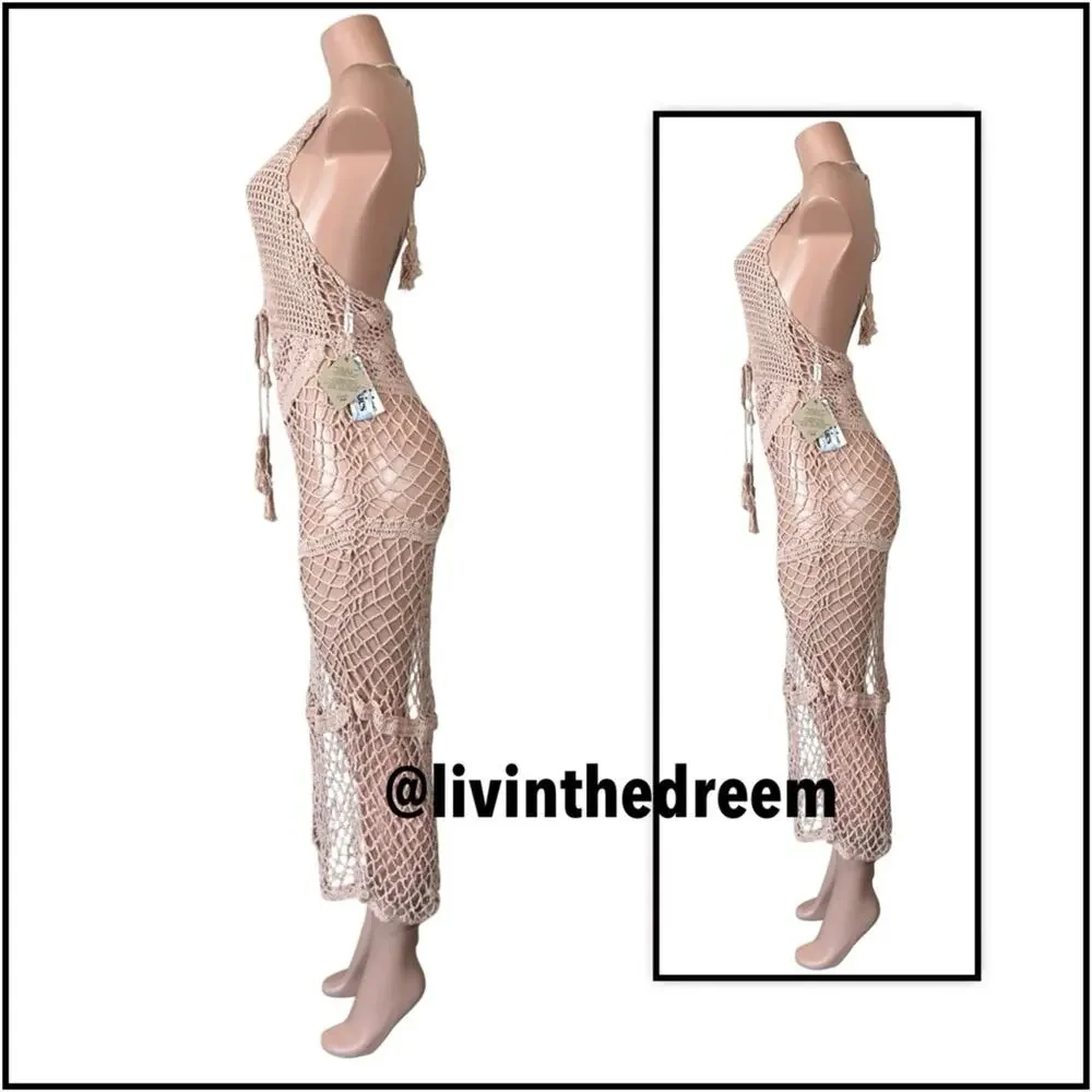 Frankies Mauve Crochet Bikinis Sunrise Cover Up Dress SZ L $250